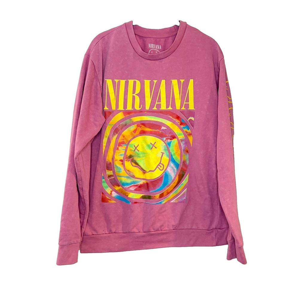 Nirvana Size M Pink Y2K 90s Grunge Smiley Long Sleeve Sweatshirt Pullover Top